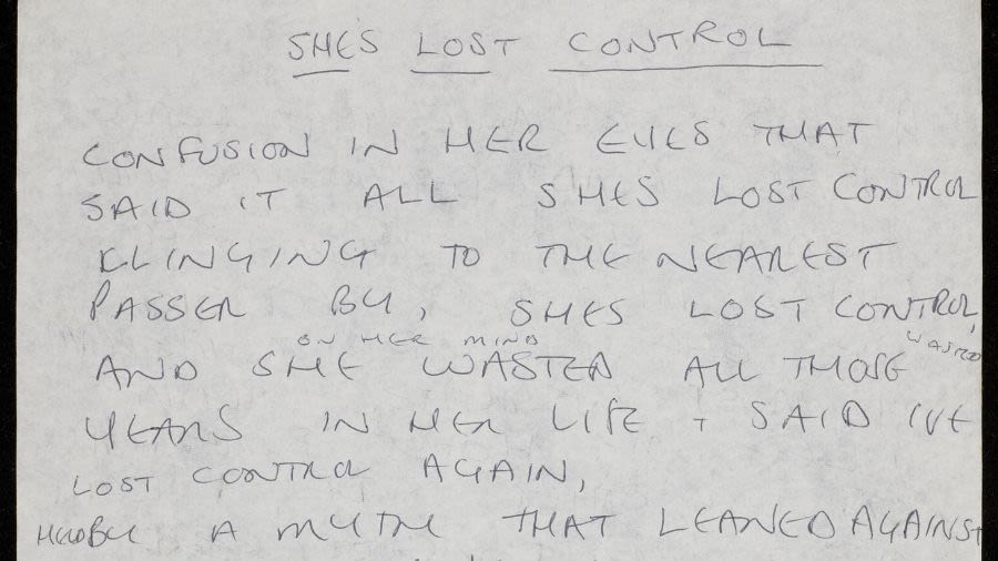Handwritten lyrics for She's Lost Control from Ian Curtis archive