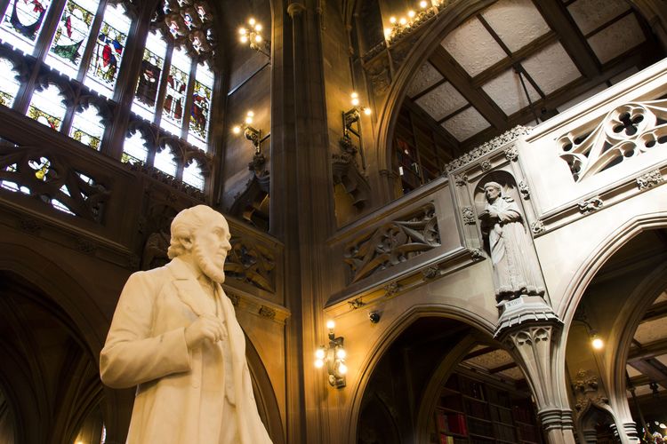 Statue of John Rylands inside the Historic Reading Room and Rylands.