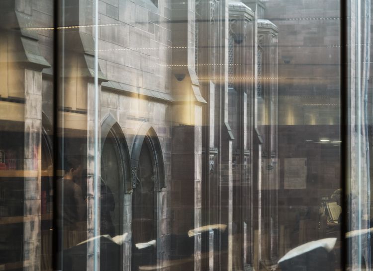 View of the exterior of Rylands from a window.