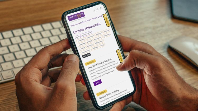 A phone screen displays the Online Resources web page on the Library website.