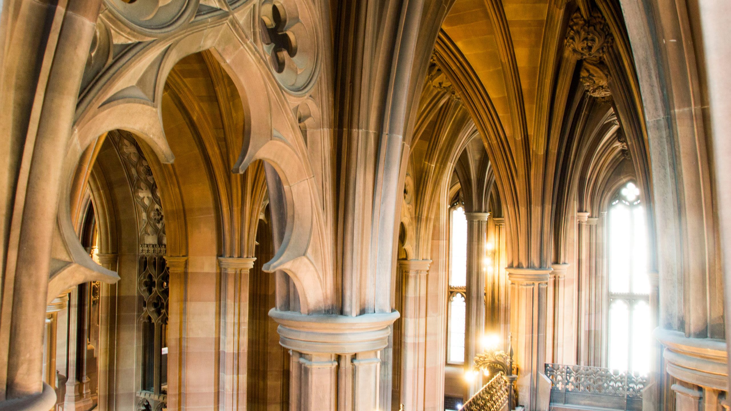 View of the historic staircase and windows at Rylands
