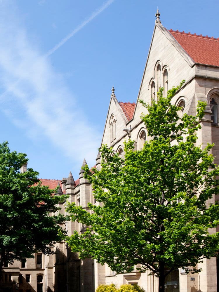 View from the old quadrangle of buildings and trees with blue sky
