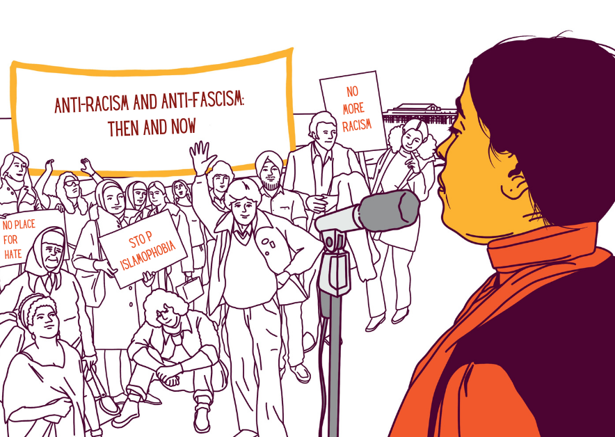 Illustration depicting anti-racist protesters listening to a woman speaking into a microphone