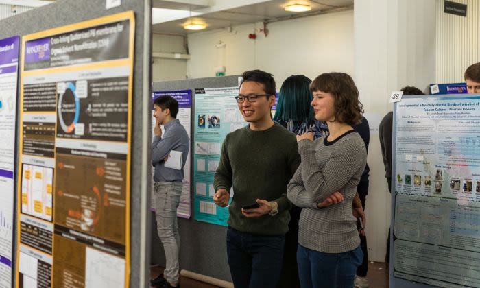 Two researchers looking at posters at an event