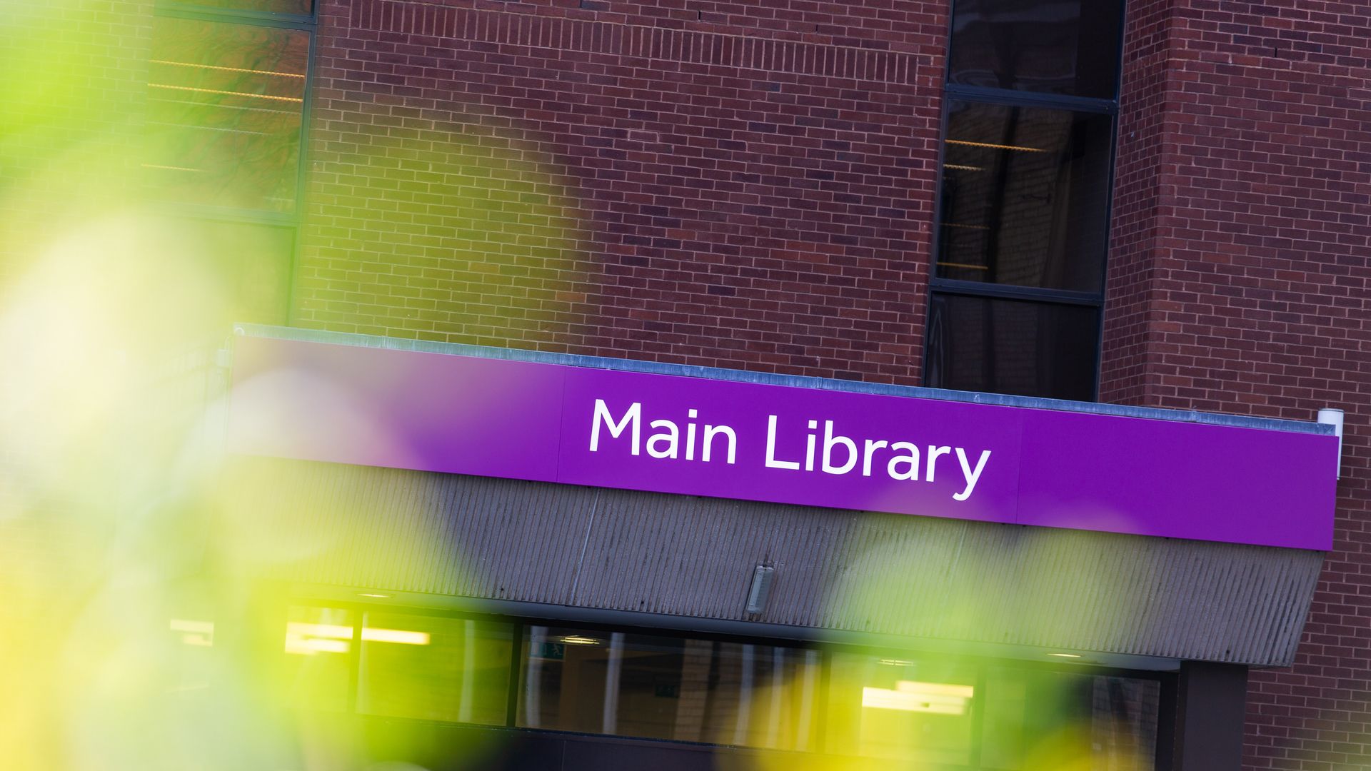 View of Main Library sign above main entrance