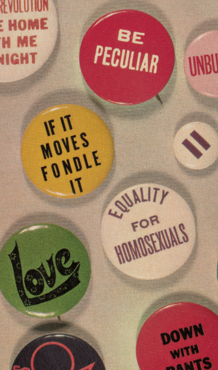 Pin badges as items on display in the Secret Public exhibition