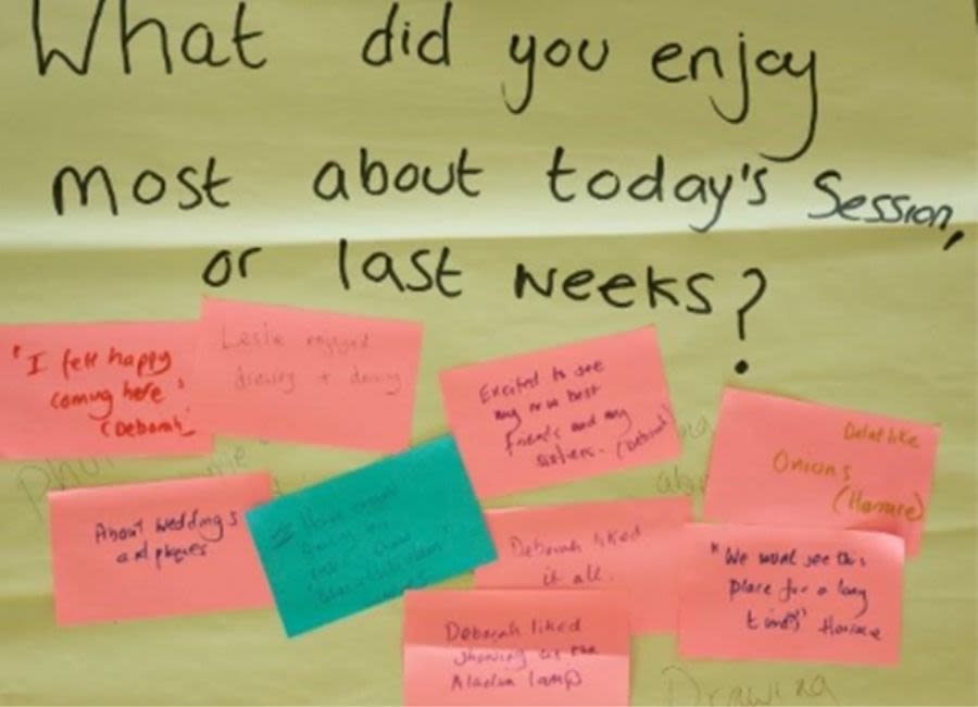 What did you enjoy most about today's session is written on a sheet of paper and post-it notes are displayed with various answers